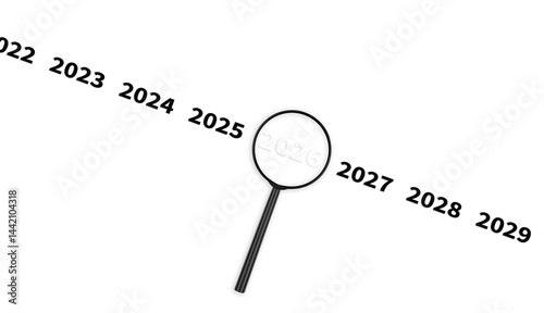 Lens, magnifying glass focusing on the year 2026 on an isolated background. Financial or stock market strategies and past and future events. Close-up