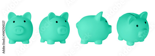 Set Piggy bank pig Green color on isolated white background close up