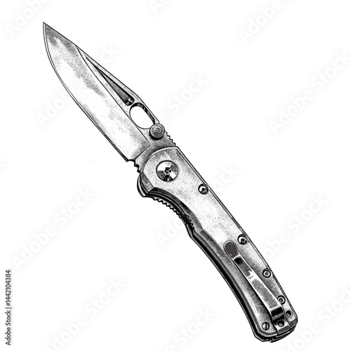 Old vintage folding knife sketch, black line illustration, trendy engraving style, classic emblem logo, retro knife design, black lines icon, antique craftsmanship, logo for knives, vintage art
