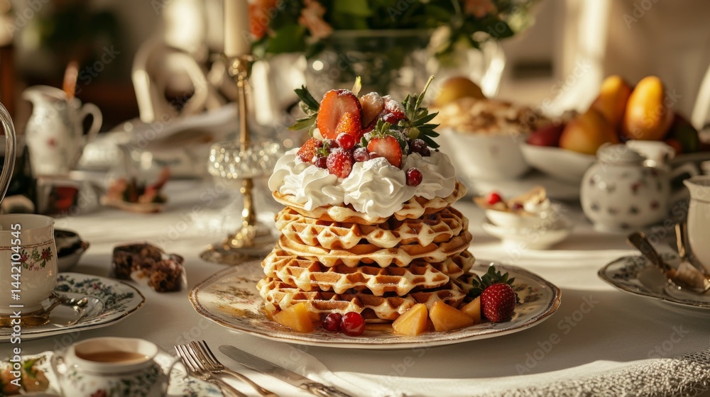 Naklejka premium Delightful Breakfast Spread with Waffles and Fresh Fruits