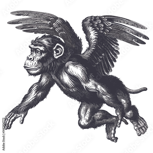 Flying monkey with wings, vintage surreal vector, black sketch, old engraving style, trendy, whimsical, fantasy illustration, retro art, surrealism, unique design, animal art, creative artwork