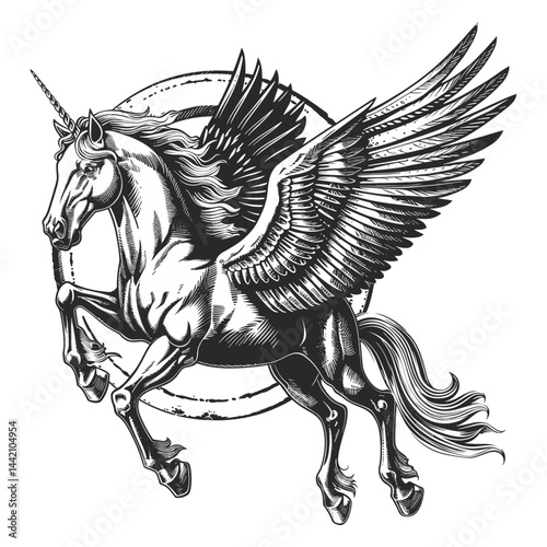 Mythical creature Pegasus, flying horse with wings, vintage retro engraving, black icon logo, old sketch, classic design, black illustration, logo design, trendy mythical illustration.