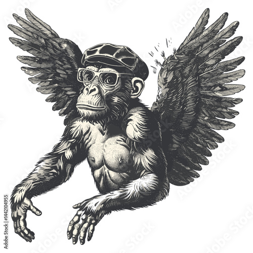 Vintage flying monkey with wings, surreal black sketch, retro engraving style, whimsical illustration, trendy, fantasy art, animal sketch, artistic vector, magical creatures, fantasy artwork