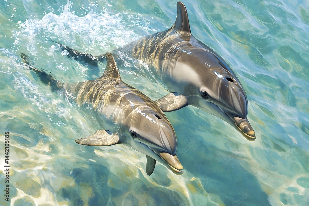 Obraz premium Two dolphins swimming in clear turquoise water with sun reflections creating a beautiful scene