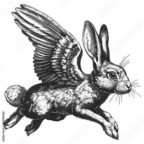 Vintage black sketch, flying hare with wings, retro engraving illustration, trendy black icon, isolated element, old engraving style, hare in flight, whimsical nature illustration, vintage art design