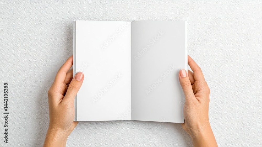 Blank Notebook Mockup: Open Book Held by Hands on White Background Blank Notebook Mockup: Open Book Held by Hands on White Background