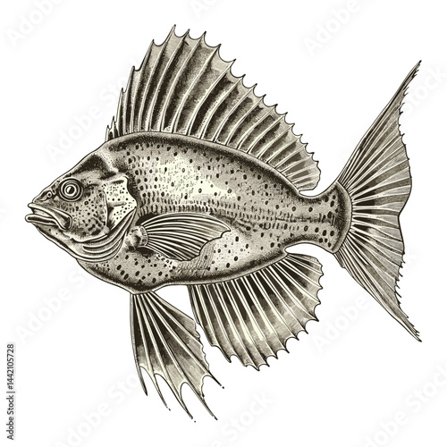 Vintage flatfish flounder sketch, black engraving style illustration, antique marine animal drawing, classic seafood art, retro fish artwork, etching print, old sea life design