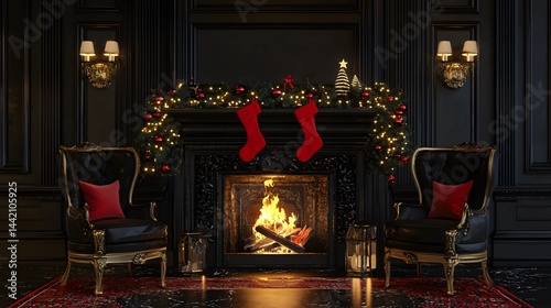 Elegant Black Christmas Fireplace Setting with Ornate Chairs and Festive Decor