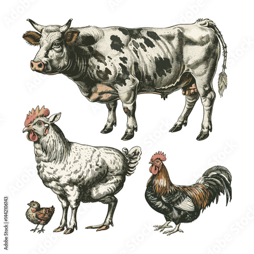 Old vintage farm animals sketch, hand drawn cow pig chicken, meat label icon, butcher logo, black and white engraving, retro farm branding, trendy outline illustration, rustic