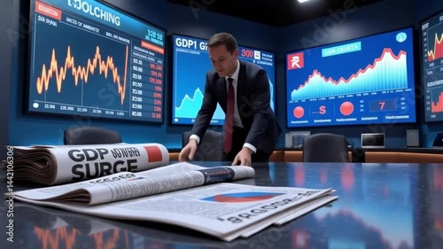 Businessman Presents Economic Growth Data Showing GDP Surge and Market Trends