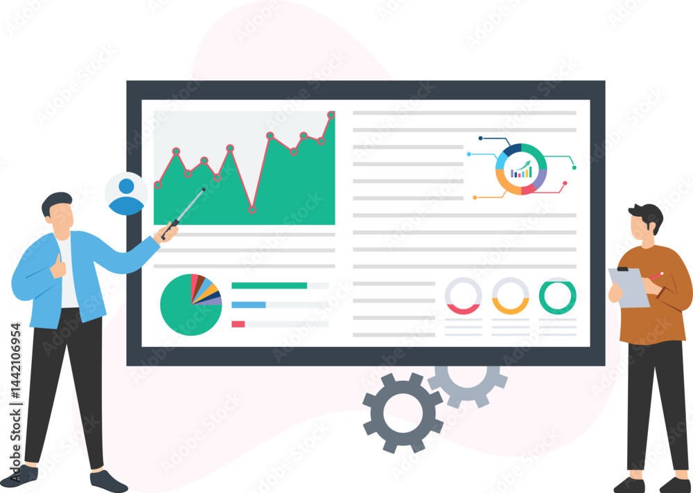 Two businessmen are analyzing financial charts and graphs displayed on a large screen, discussing data and growth using a pointer, pie charts and bar graphs
Two businessmen are analyzing financial charts and graphs displayed on a large screen, discussing data and growth using a pointer, pie charts and bar graphs