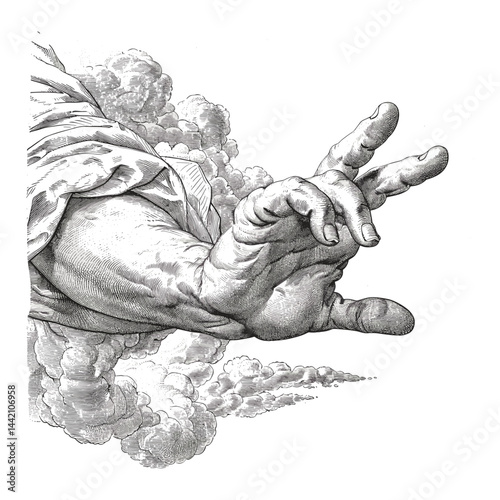 hand vector, vintage illustration in black, old style sketch, divine pointing hand from clouds, celestial concept, heaven art, spiritual drawing, retro theme