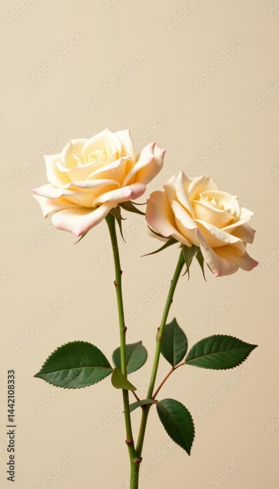 Fototapeta premium Pair of two delicate beige roses in soft high key background, elegant, beige, petals