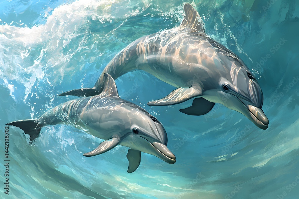 Fototapeta premium Two dolphins swimming gracefully underwater with sunlight filtering through the ocean waves above them