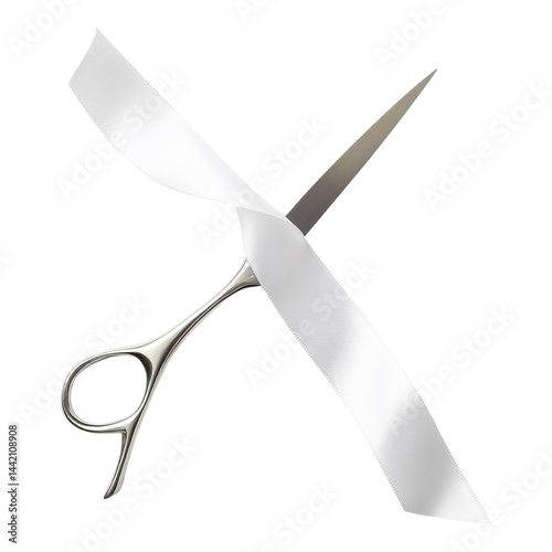 Elegant Scissors Cutting White Ribbon for Grand Opening Ceremony Isolated on transparent background
