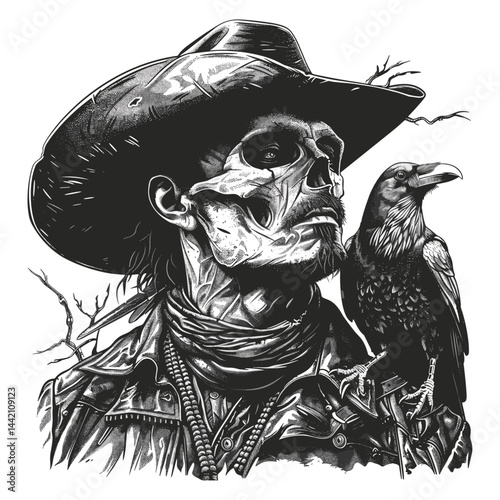 Vintage dead cowboy with a raven, black sketch engraving, trendy print, western style, old vintage illustration, cowboy art, western decoration, raven emblem, western vintage print