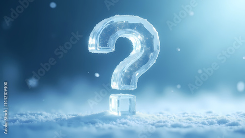 Frozen Enigma: An icy question mark, crystal clear and shimmering against a soft, blurred, snowy background, embodies mystery, curiosity, and uncertainty. 