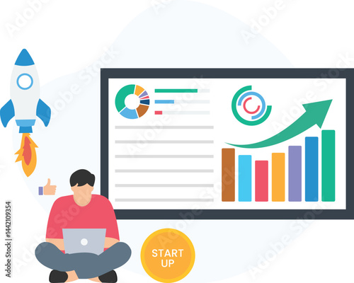 Young businessman working with laptop analyzing graphs and charts showing positive growth and a taking off rocket, startup and new business concept

