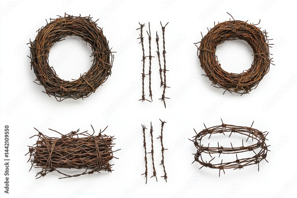 Fototapeta premium Arrangement of barbed wire wreaths and strands on a white background in a studio setting