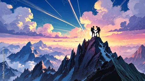 Triumphant Climbers on Mountain Peak with Dramatic Sunrise Sky photo