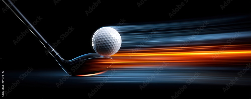 Fototapeta premium A golf club strikes a golf ball with dynamic motion trails, highlighting speed and energy on a dark background.