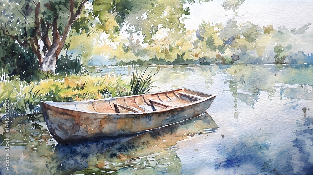 A small boat sits in the water near a tree