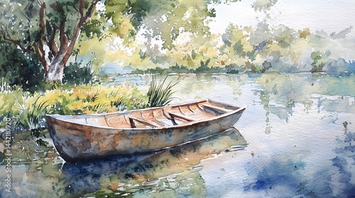 Obraz na płótnie A small boat sits in the water near a tree w salonie