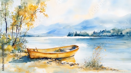 A small yellow boat sits on the shore of a lake