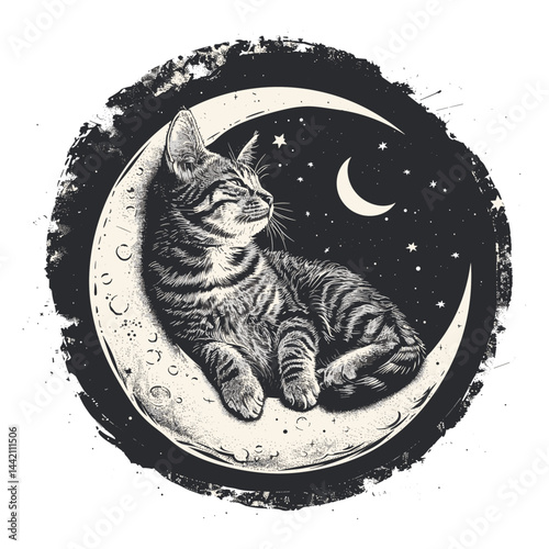 Cute tabby cat on the moon, abstract circular illustration, vintage engraving style, trendy emblem, black sketch, logo design, old engraving, cosmic art, moon cat logo, space animal art.