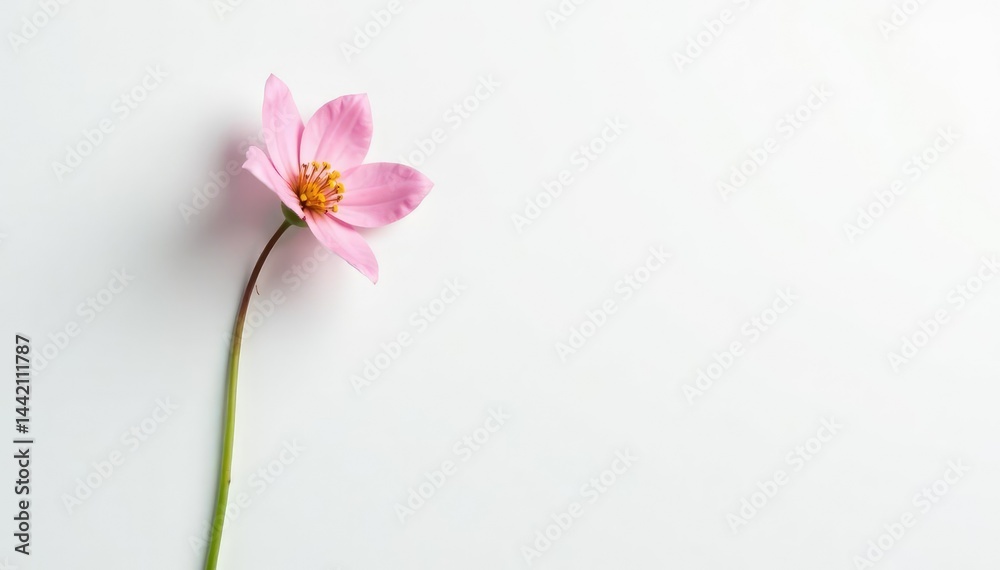 Fototapeta premium Single stem of delicate flower on white background, floral art, botanicals, single bloom