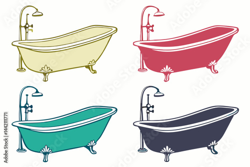 set of bath tub with shower head vector silhouette illustration isolated on white background