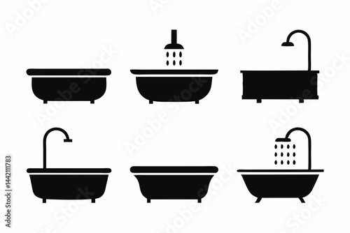 set of bath tub with shower head vector silhouette illustration isolated on white background