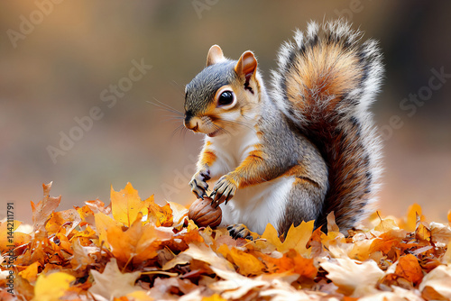 cute squirrel burying a nut under a pile of golden autumn leaves, busy expression, seasonal