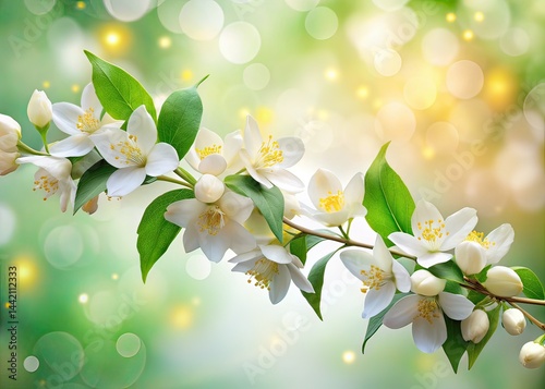 Blooming Jasmine Branch - Bokeh White Background - AI Photo