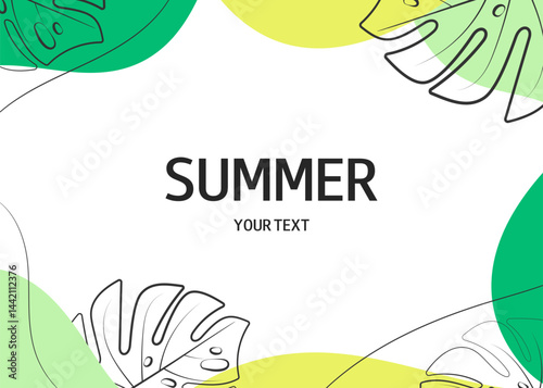 Summer abstract background with wave pattern and monstera leaves. Horizontal template for greeting card, invitation, banner, sale, advertising.