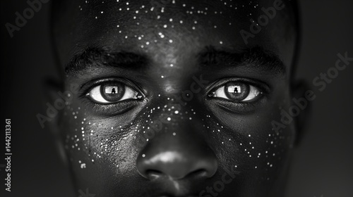 Obraz na płótnie Black man with white specks across face black-and-white portrait image closeup. Cinematic monochrome close-up photography. Quiet intensity, confidence concept photo grayscale w salonie