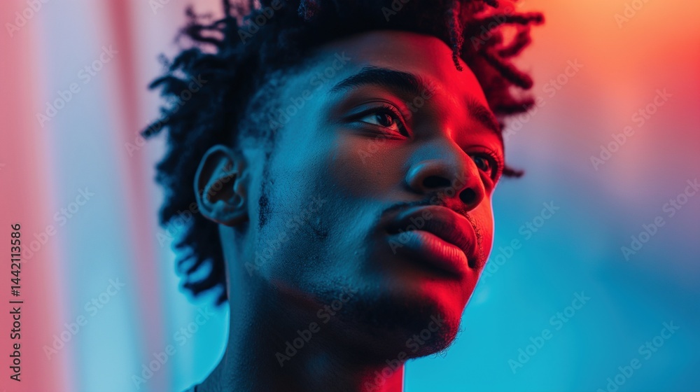 Stylish young black man bathed in vibrant red blue lighting portrait image closeup. Shadow contrast, edgy tone close-up photography human scene. Futuristic mood concept photo-realistic