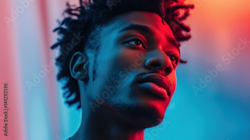 Obraz na płótnie Stylish young black man bathed in vibrant red blue lighting portrait image closeup. Shadow contrast, edgy tone close-up photography human scene. Futuristic mood concept photo-realistic w salonie