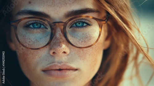 Obraz na płótnie Breezy outdoor portrait of young woman with freckles, windblown hair and glasses image closeup. Candid expression close-up photography human. Quiet strength concept photo-realistic w salonie