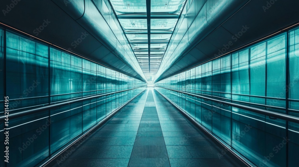 Futuristic Corridor with Glass Walls and Natural Light Stream Futuristic Corridor with Glass Walls and Natural Light Stream