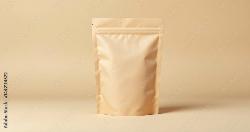 Natural kraft paper standing pouch with subtle shadow on a beige soft background. Minimal clean setup perfect for eco packaging and product mockups. Natural kraft paper standing pouch with subtle shadow on a beige soft background. Minimal clean setup perfect for eco packaging and product mockups.