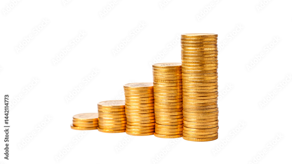 Stacks of golden coins money growth concept isolated on transparent background Stacks of golden coins money growth concept isolated on transparent background
