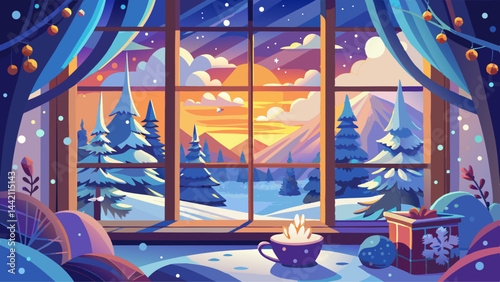 Snowy Winter Wonderland Window View, Cozy window decorated with snowflakes overlooking a serene winter landscape at sunset