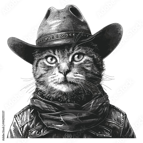 Cute cowboy cat, graphic black vector illustration, isolated object, old engraving style, vintage black sketch, trendy design, western art, cat lovers, cowboy theme, unique animal illustration
