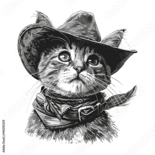 Vintage black sketch cowboy cat, isolated graphic vector illustration, old engraving, trendy design, cute cowboy, western art, cat illustration, unique animal art, artistic vector drawing