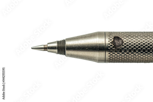 Detailed close up of a vintage silver mechanical pencil sharp point knurled grip isolated on white