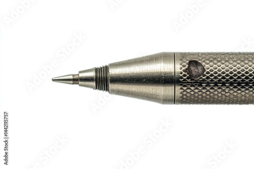 Detailed close up of a vintage silver mechanical pencil sharp point knurled grip isolated on white