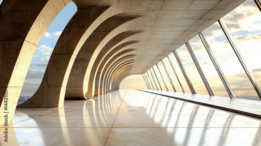 Obraz premium Modern Architectural Space with Curved Walls and Panoramic View