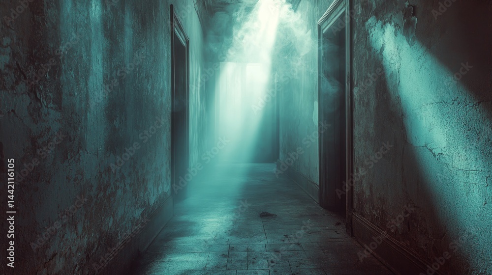 Obraz premium Spooky abandoned hallway with dramatic lighting and eerie atmosphere