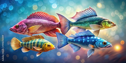Colorful Fish in Low Light, Isolated on Transparent Background